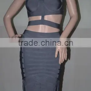 Summer Dress 2015 New Strap Two Piece Set Women Gray Black White Elegant Bodycon Celebrity Bandage Dresses Bandage Bodycon Women thumbnail-1