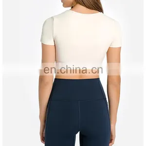 Customization Hot Sale Short Sleeve With Padded T-shirt Ladies Gym Outfit Wear Yoga Crop Top Women Sports Running Tee thumbnail-4