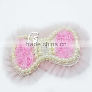 5" Chiffon Pearl Bows With Tulle Embellished With Beads and Sparkle Stones Quality Choice thumbnail-6