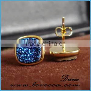 Blue Druzy 925 Sterling Silver Studs Earring, Indian Gemstone Earring thumbnail-1