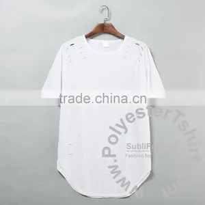 Plain Hip Hop Cut Holes Long T-shirt With Short Sleeves Personalized Rap Music T Shirt Blank Top Tee Sublimation Print Available thumbnail-1