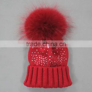 Myfur Latest Design Beige Color Turn Up Beanie With Stone Decoration Real Raccoon Fur Pom Pom thumbnail-4