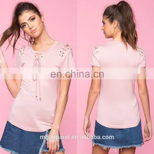 Wholesale Custom Comfort Colors T-shirts Fashion Lady T-shirt With Lace-up Details thumbnail-1