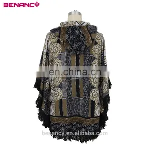 Wholesale Designer Clothing Tribal Mandala Print Poncho Hoodie With Tassel Fringe thumbnail-3