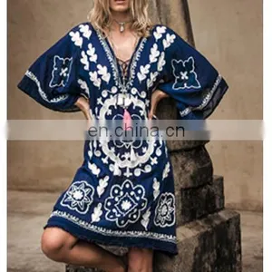2017 New Fashion Clothing Manufacturers Heavy Hand Embroidered Mexican Dress for Women Tunic Dress Stylish Kaftan Short Dress thumbnail-1