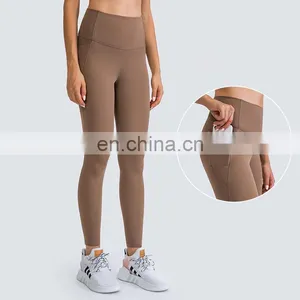 Customized New Nude Feeling Side Pockets Yoga Leggings High Waist Yoga Fitness Pants Women Sports Gym Wear Tight thumbnail-1