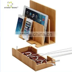 Bamboo Multi Device Cord Organizer Stand and Charging Station for Phone and Tablets thumbnail-1