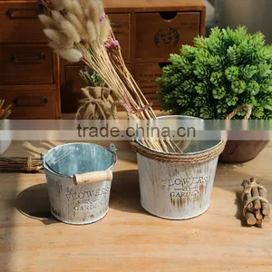 Galvanized Garden Metal Buckets Pots With Jute Rope Handle thumbnail-1