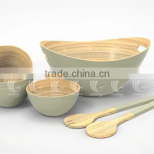 Set Handmade Bamboo Salad Bowls and Spoons, Lacquered Bamboo Products thumbnail-3