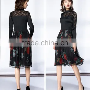 Pleat Large Sized Spring Lace Splicing Printed Dress for Women thumbnail-4
