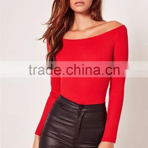 Red Opening Soulder Raglan Sleeve Bodysuit Cotton Blends Long Sleeve Sexy Plain Sweater thumbnail-2