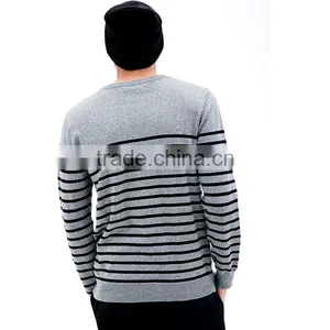 Navy Stripes Crew Neck Cotton Long Sleeve Men Pullover Sweater With Chest Pocket thumbnail-2