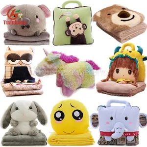 Custom Cute 2 in 1 Bear Elephant Bunny Emoji Unicorn Doll Blanket Toy Soft Animal Head Plush Baby Pillow Blanket thumbnail-1