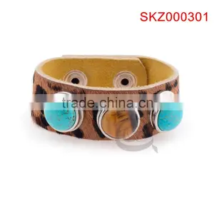 2015 New Products Leather Snap Botton Natural Stone Bracelet thumbnail-2