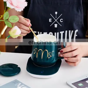 220V Custom Logo Emerald Reusable Luxury Ceramic Coffee Cups Mugs Manufacturer Gift Box Set With Water Heater thumbnail-2