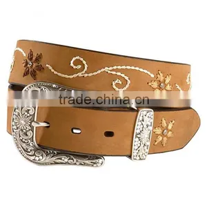 Western Belts Brown Leather Belt With Feminine Floral Stitched Belts thumbnail-1