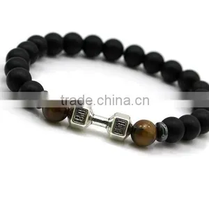 Wholesale Alloy Metal Barbell Matte Black Stone Beads Fitness Fashion Dumbbell Bracelets thumbnail-2