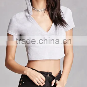 T Shirt Hoodies, Sweatshirts Customized Hoodies, Ladies Cotton Spandex V-neckline Short Sleeves Hooded Cropped Top Hoodie thumbnail-2