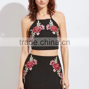 Two Piece Set Women Dress 2017 Black Embroidered Rose Applique Suede Halter Top With Skirt thumbnail-2