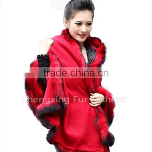 CX-B-P-25E 2016 New Product Fur Poncho Fur Cape With Fox Fur Trimmed thumbnail-1