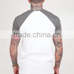 Short Sleeve Raglan Baseball T Shirt for Men Longline Curved Hem Baseball Tee White/Heather Grey Contrast T Shirt thumbnail-3