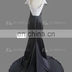 Elegant Cap Sleeve Beaded Court Train Black Long Evening Dress For Fat Women thumbnail-3