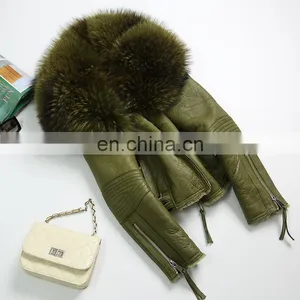 2017 High Quality Large Fluffy Real Raccoon Fur Collar Jacket Coat Lady Winter Sheepskin Genuine Sheep Leather Jacket Women thumbnail-1