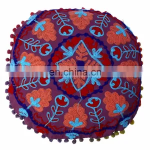 Home Decorative Suzani Embroidered Cushion Cover Uzbek Cotton Pillow Case PomPom thumbnail-1