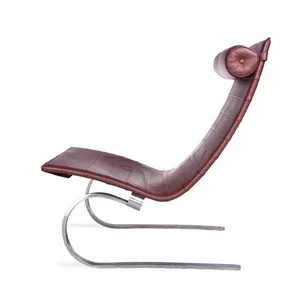 PK20 Chair Poul Kjaerholm 1967 Replica, Minimalist Leather Lounge Chair With Polished Stainless Steel Base thumbnail-4