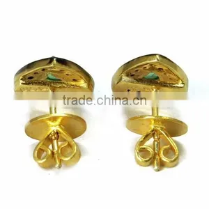 Finesque !! Pear Shape Emerald & Diamond Gold Polish 925 Sterling Silver Earring, Dangler SIlver Earring, Silver Jewellery thumbnail-5