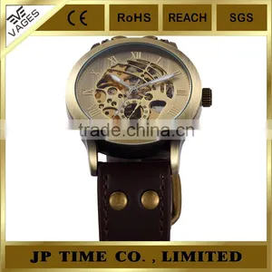 New Retro Skeleton Automatic Mechanical Vintage Leather Copper Wrist Watch thumbnail-4