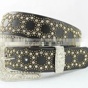 2016 New Design Western Rhinestone Leather Belt With Crystals Circle Chains and Studs Embedded thumbnail-1