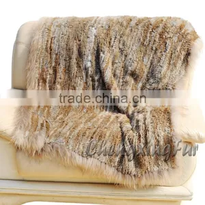 CX-D-72B Solid Thick Fluffy Raccoon Fur Trim Knitted Rabbit Fur Throw Blanket thumbnail-1