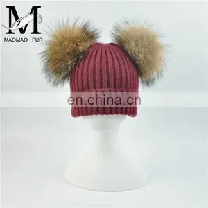 Kids Removable Fur Bobble Hat Winter Double Pom Pom Hat Crochet Kids Hat thumbnail-2