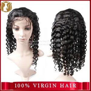 Wholesale Natural Color Brazilian Virgin 100% Human Hair Deep Wave Full Lace Wig thumbnail-1