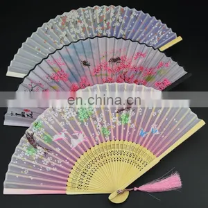 Custom Decorations Single-sided Folding Fan Bamboo Silk Cloth Lady Fan With Tassels thumbnail-5
