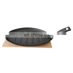 Wholesale Oval Cast Iron Skillet With Wooden Tray Non Stick Pan Sizzle Platter thumbnail-1
