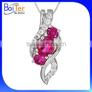 Fashion White Gold Plated 3 Three Stones Cubic Zircon CZ Genuine 925 Sterling Silver Lab Created Ruby Pendant thumbnail-1