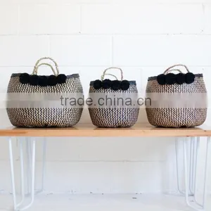 Set of 3 Black Zigzag Pompom Belly Basket thumbnail-1