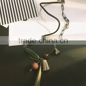 Geometric Wood Bead Rubber Strip Pendant Necklace Velvet Leather Tassel Necklace Chain Linked Suede Leather Necklace thumbnail-6