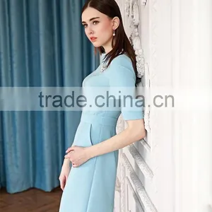 Ladies Slim Fit Light Blue Short Sleeve Elegent Dress thumbnail-3