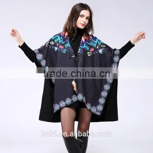 Brand Fashion Womens Autumn Winter Warm Flower Pattern Slit Wool Blend Plaid Blanket Cloak Poncho Cape Coat thumbnail-4