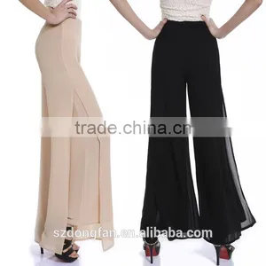 2016 Summer Women Casual Split Chiffon Pants Ladies Baggy Pants Loose High Waist Wide Leg Trousers thumbnail-1