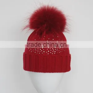 Myfur Cute Girls Winter Knit Beanie Hat With Real Dyed Raccoon Fur Pom Poms thumbnail-1