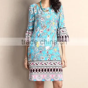 New Summer Women Dresses With Light Blue Floral Bell-Sleeve Shift Dress Women Flower Dress Women Clothes GD90426-54 thumbnail-1