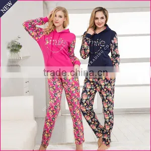 Top Design Women Fancy Flower Printing Pajama With Hoody+ Long Pant Winter Women Pajamas Set Wholesale thumbnail-1