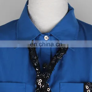 Spread Collar Fashion Style Women Long Shirts With Sequins Tie thumbnail-2