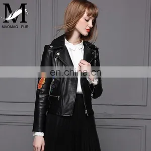 Hot Selling OEM Fashion Latest Womens Jackets Short Sheep Skin Moto Biker Leather Jacket thumbnail-2