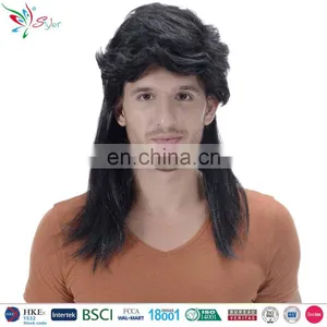 80s Rocker Men Synthetic Fibre Black Mullet Wig thumbnail-1