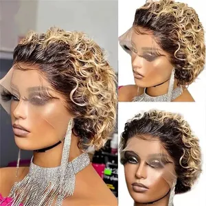 Pixie Cut Wig Short Bob Curly Human Hair Wigs Cheap 13X1 Transparent Lace 99J Burgundy Water Deep Wave Lace Front Wig For Women thumbnail-2
